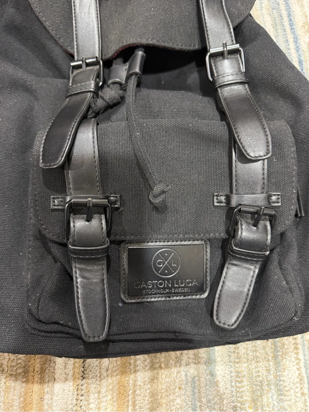Black Canvas Backpack with Leather Trim